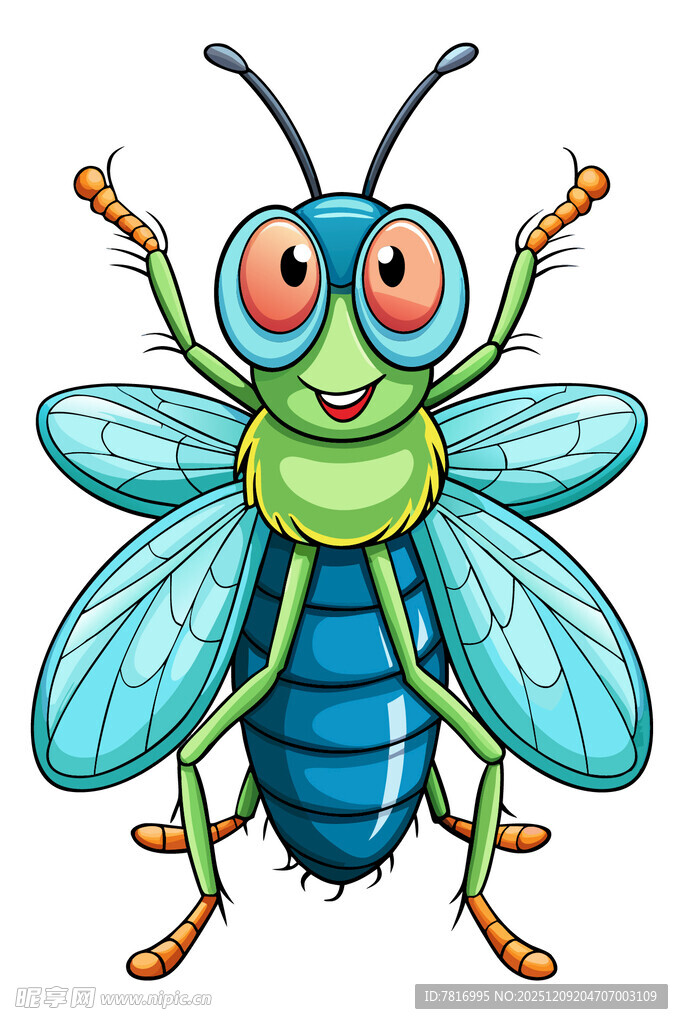 可爱卡通绿身蓝翅小昆虫