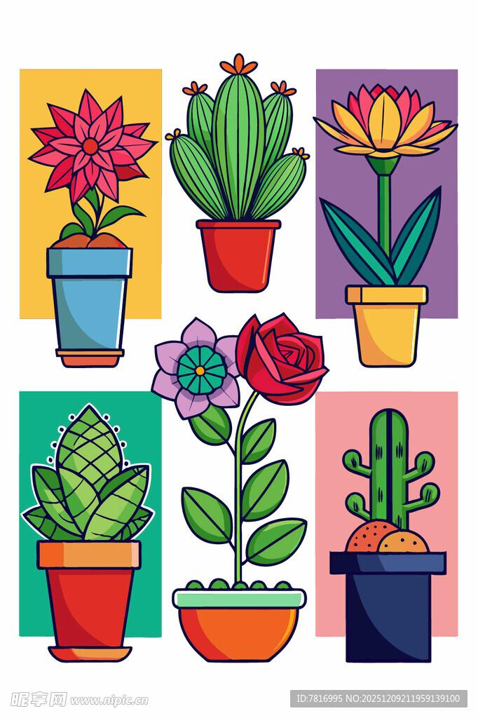多彩盆栽插画