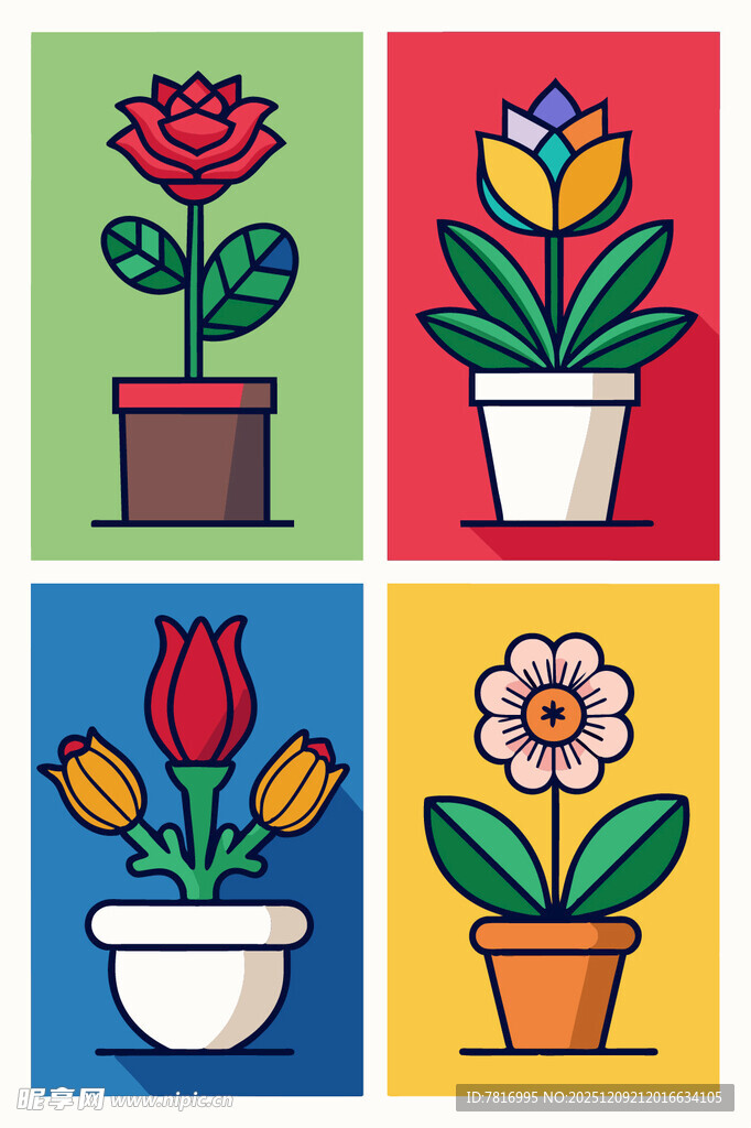 多彩盆栽花卉插画
