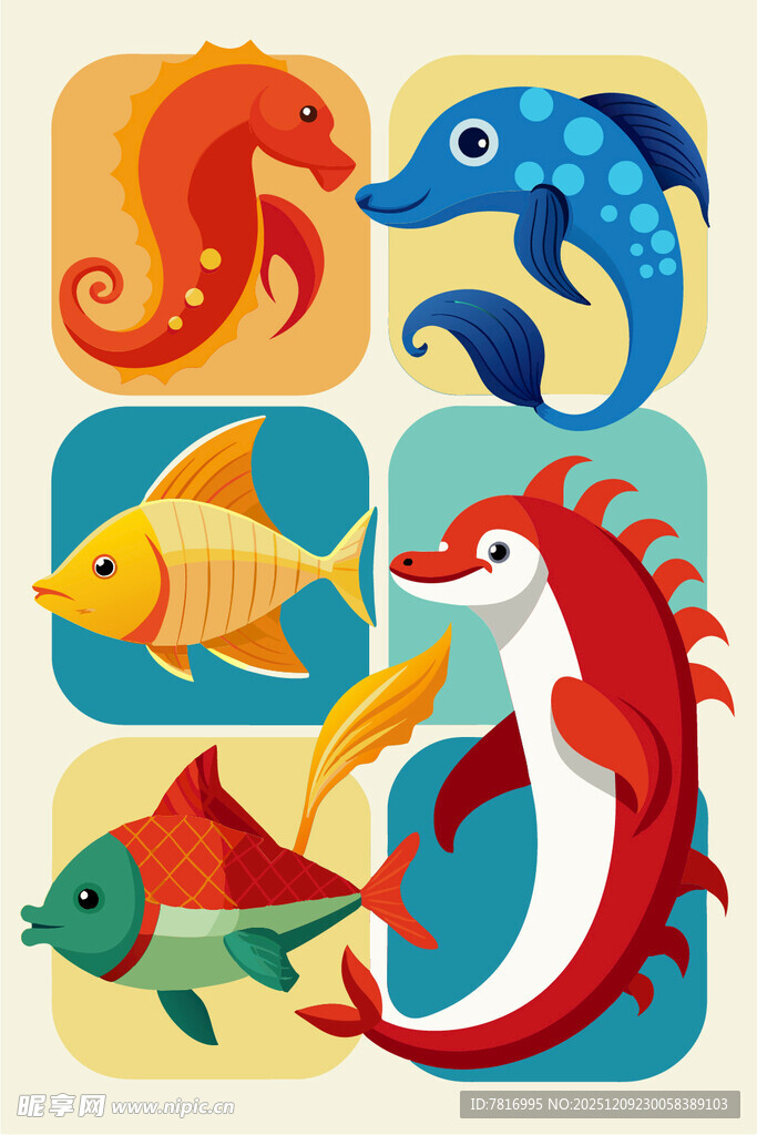 多彩海洋生物卡通图案
