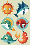 可爱海洋生物卡通插画