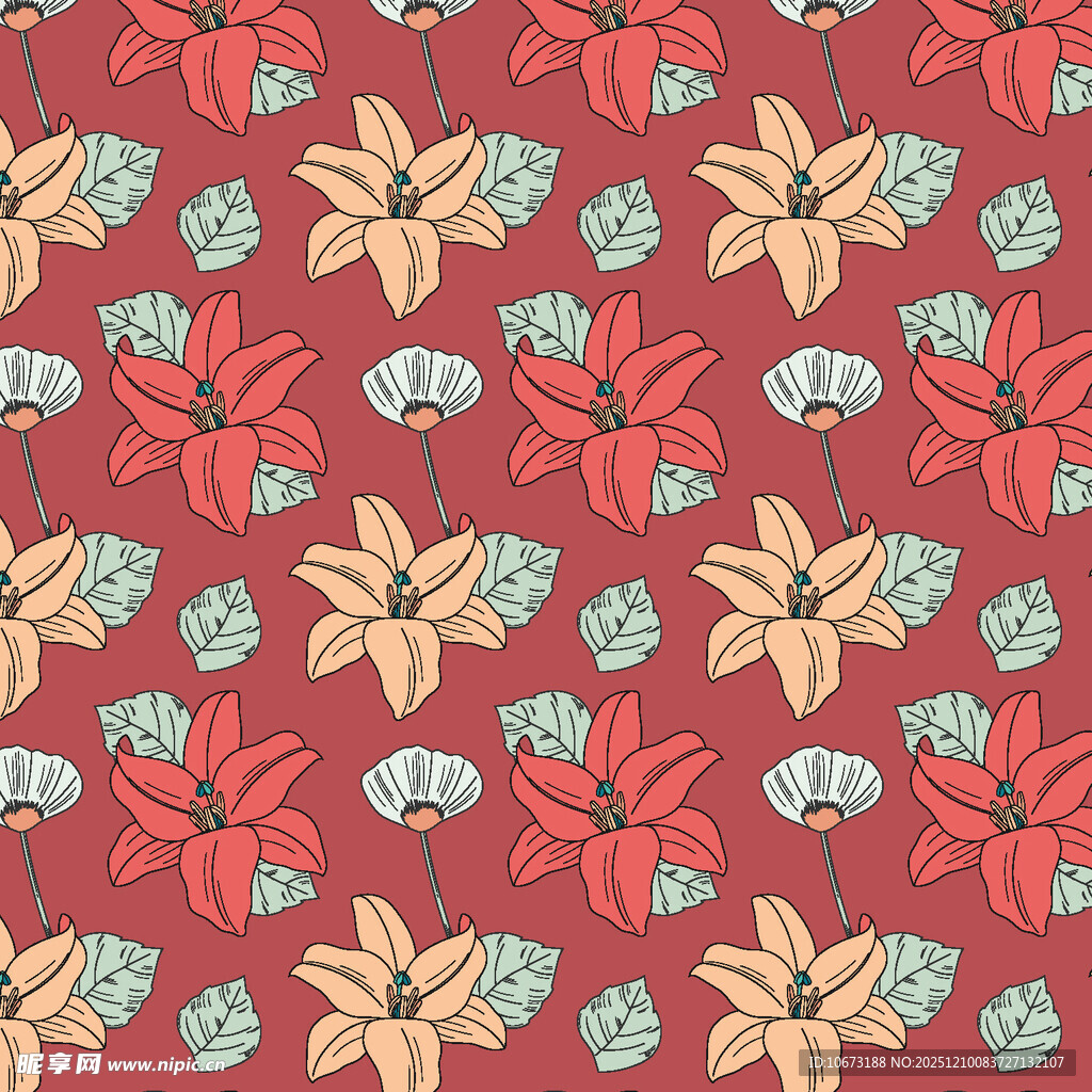 红色花卉无缝图案背景