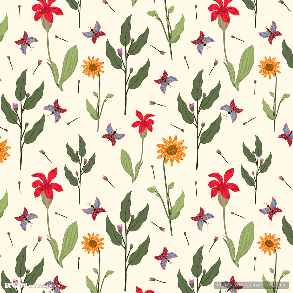 清新手绘花卉无缝图案