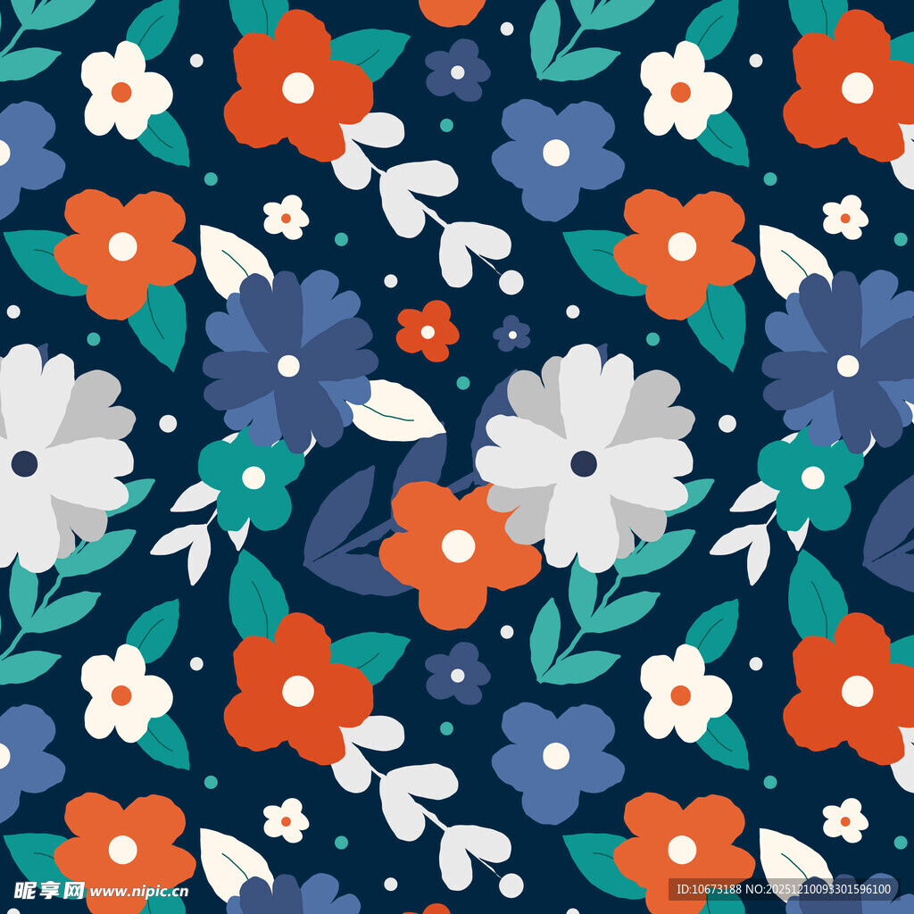 深蓝色底多彩花卉图案