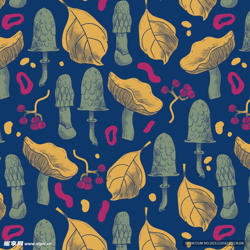 秋日森林蘑菇树叶图案