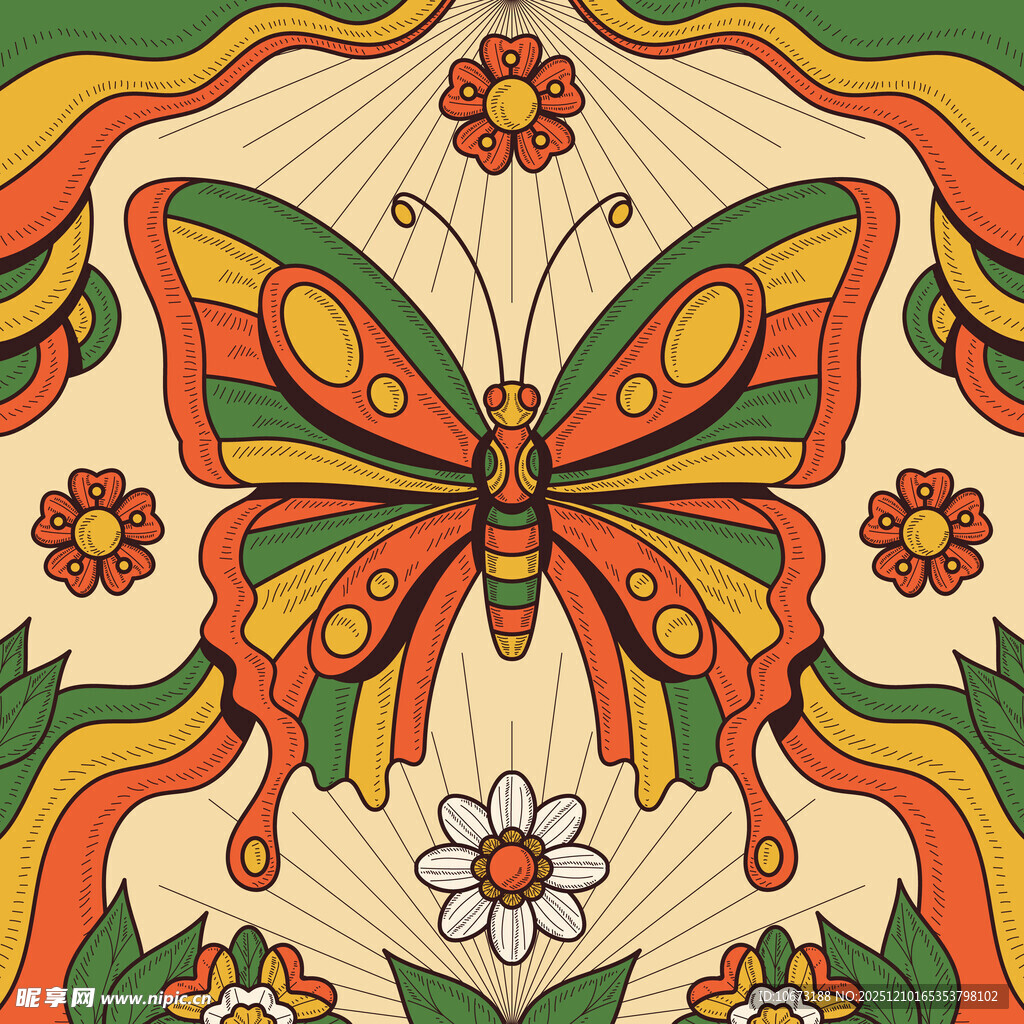 复古风蝴蝶花卉装饰图案