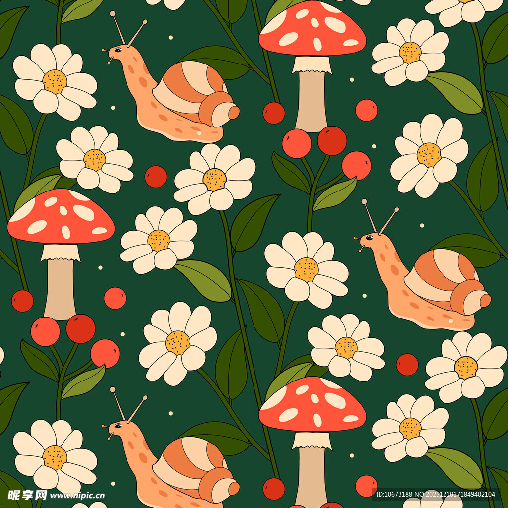 蘑菇花丛中的可爱小蜗牛