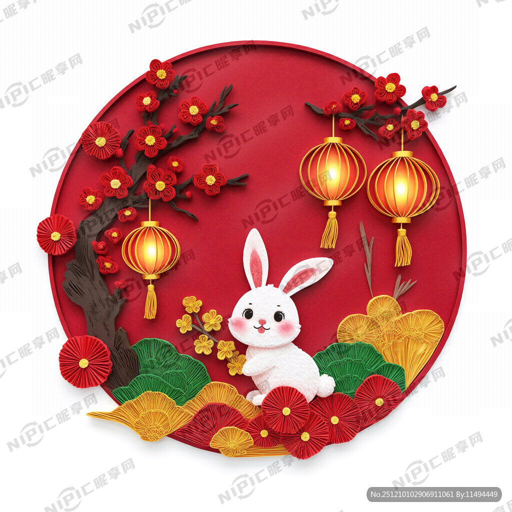 衍纸艺术 春节 可爱兔子 红梅