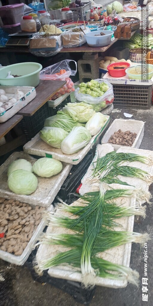 热闹集市中的多样蔬菜摊
