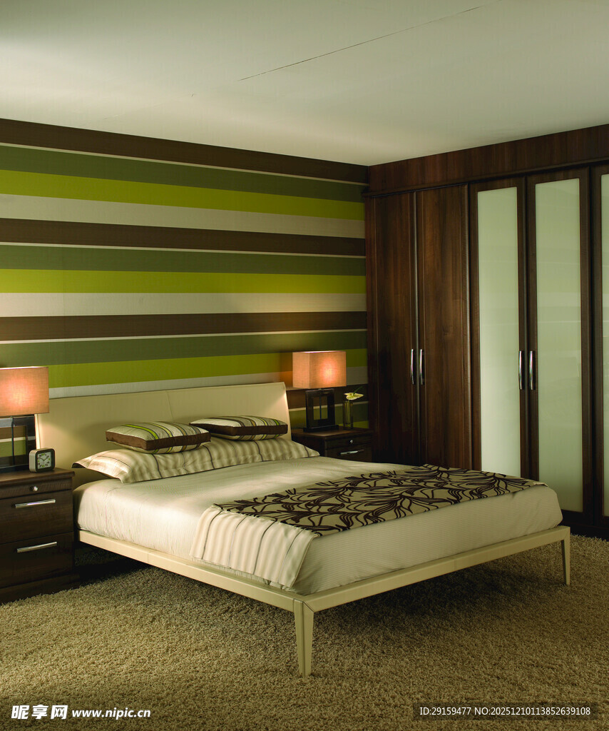 现代条纹风卧室温馨场景