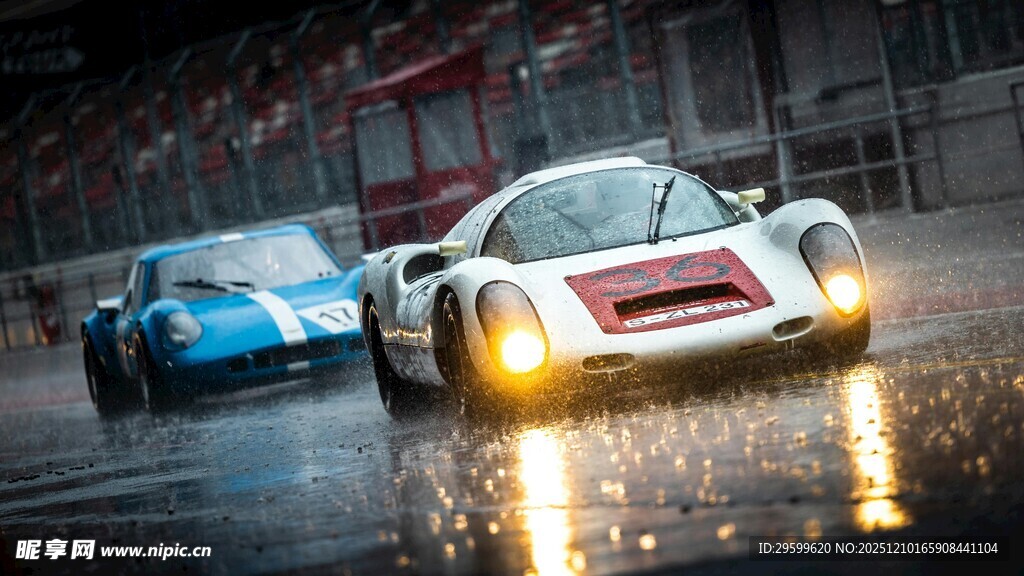 雨夜赛道上的激烈赛车对决