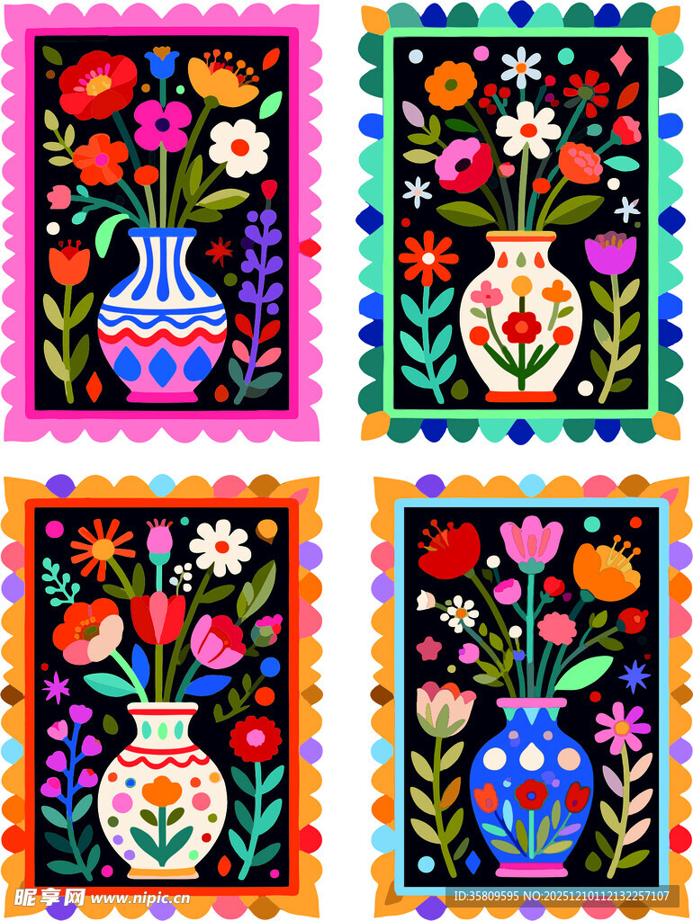 多彩花卉花瓶刺绣图案