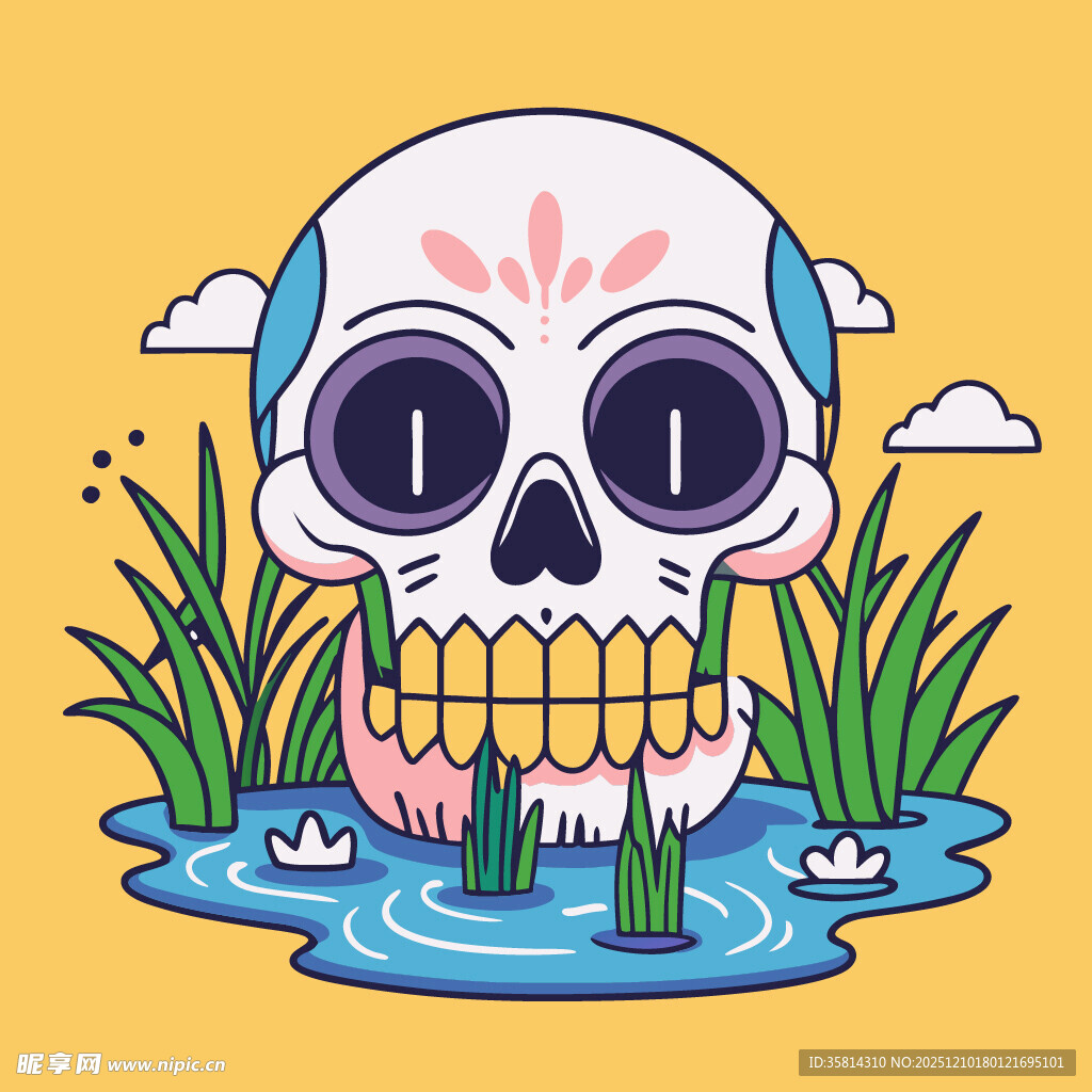 骷髅置身于水生植物中
