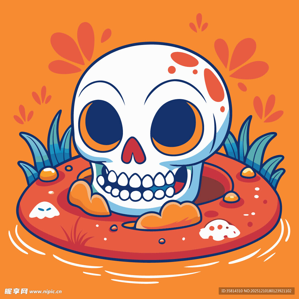 卡通骷髅漂浮在植物间