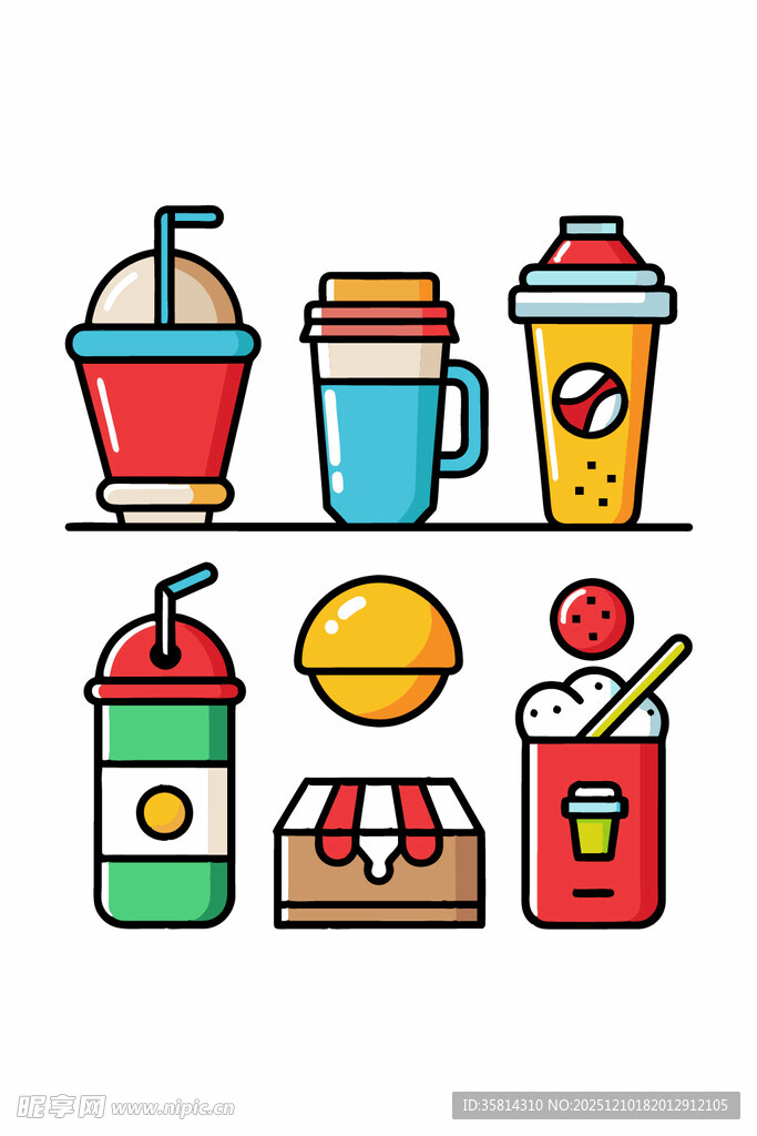 多彩饮品与美食图标集合