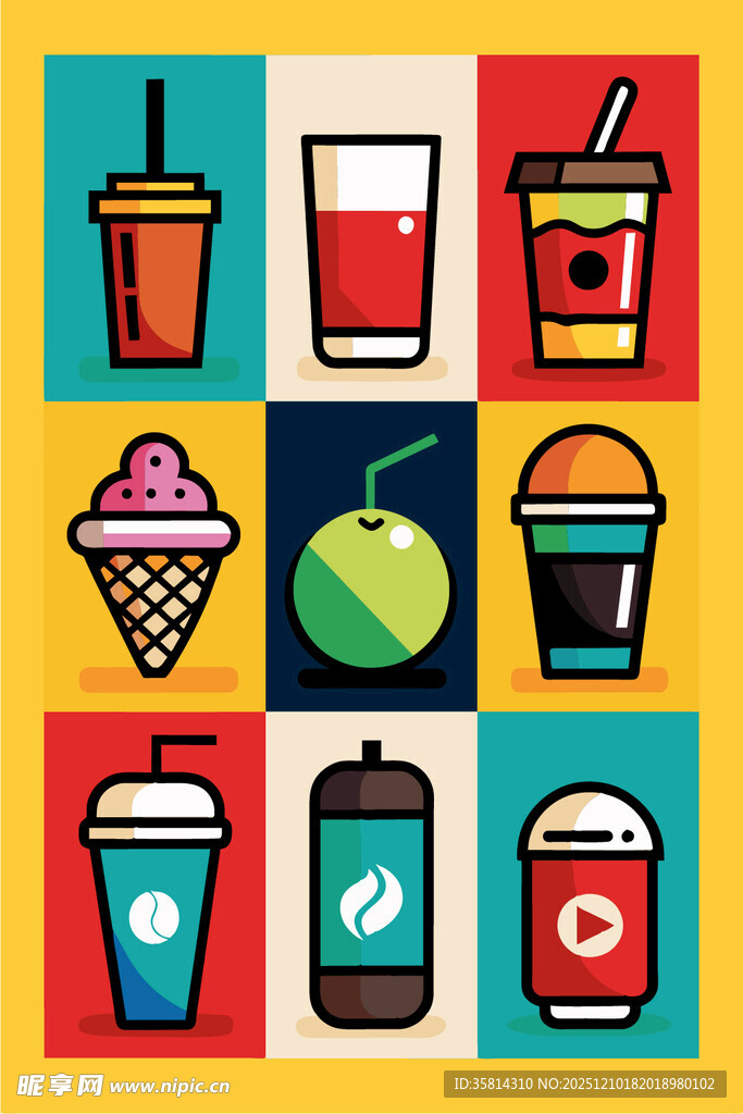 多彩饮品与甜品图标集合