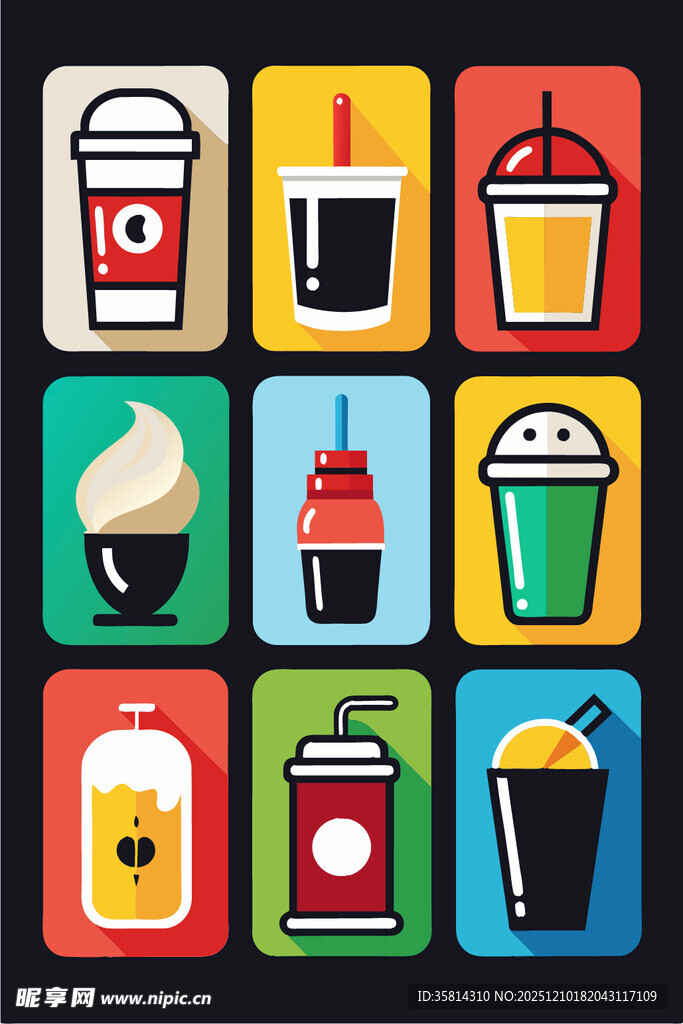 多彩饮品与小吃图标集合
