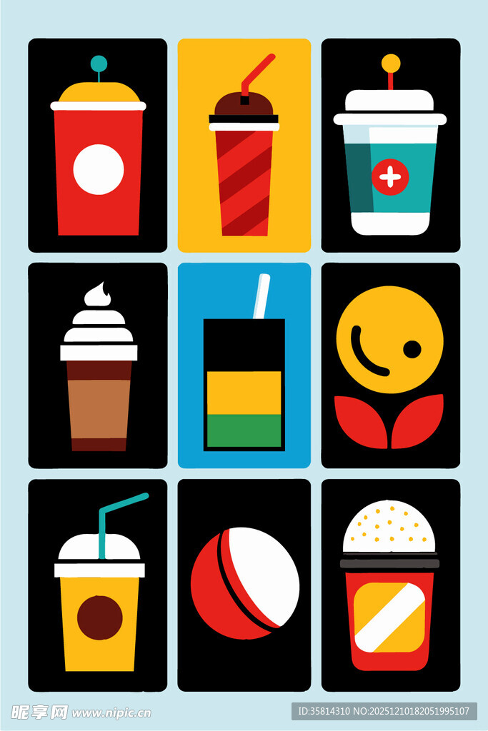 多彩卡通风格饮品图标集