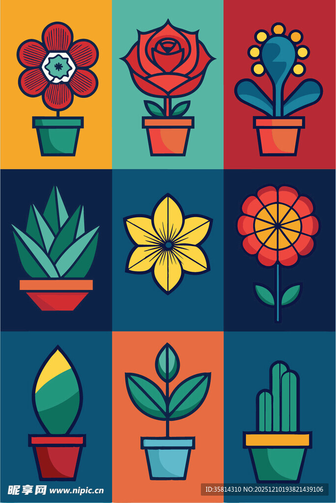 多彩盆栽花卉图案设计