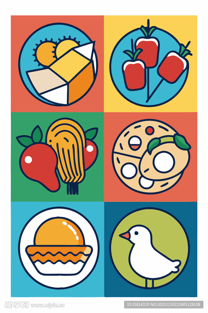 多彩食物与小鸟图标集合