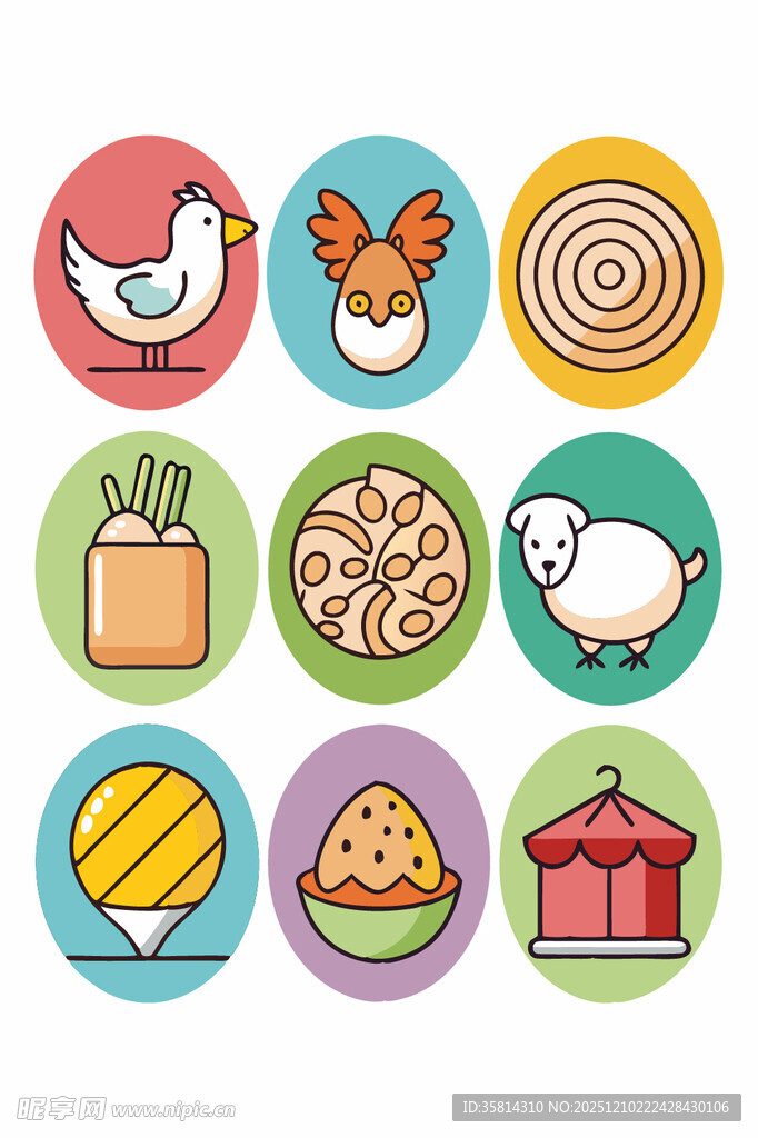 多彩卡通风格动物与物品图标