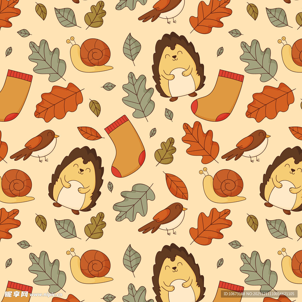 秋日刺猬与落叶图案背景