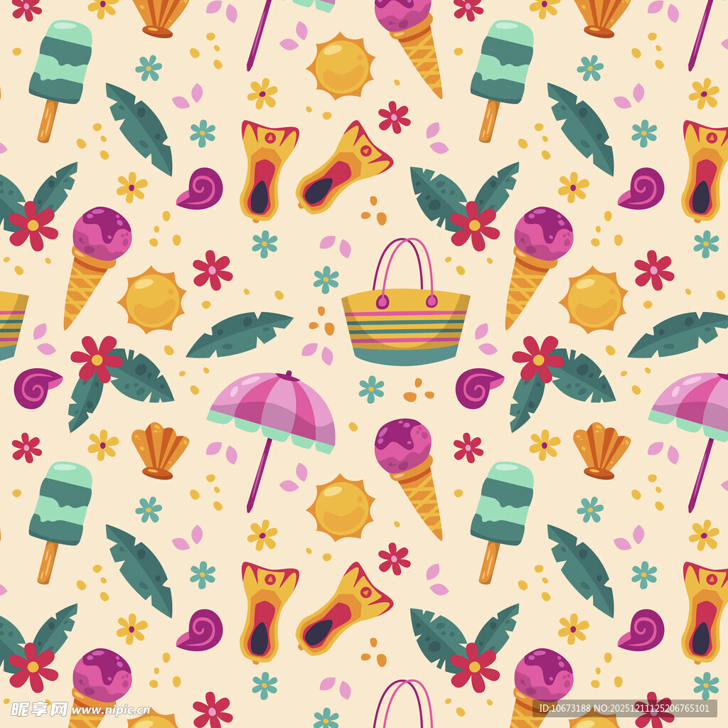 夏日海滩度假元素无缝图案