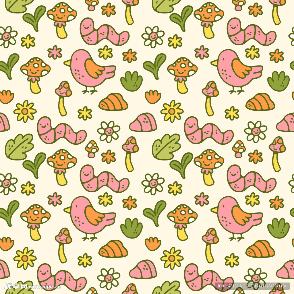 可爱动植物无缝图案背景