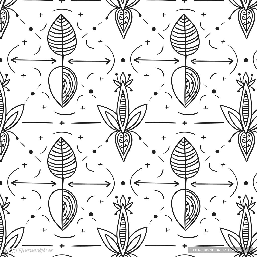 黑白植物图案无缝背景图