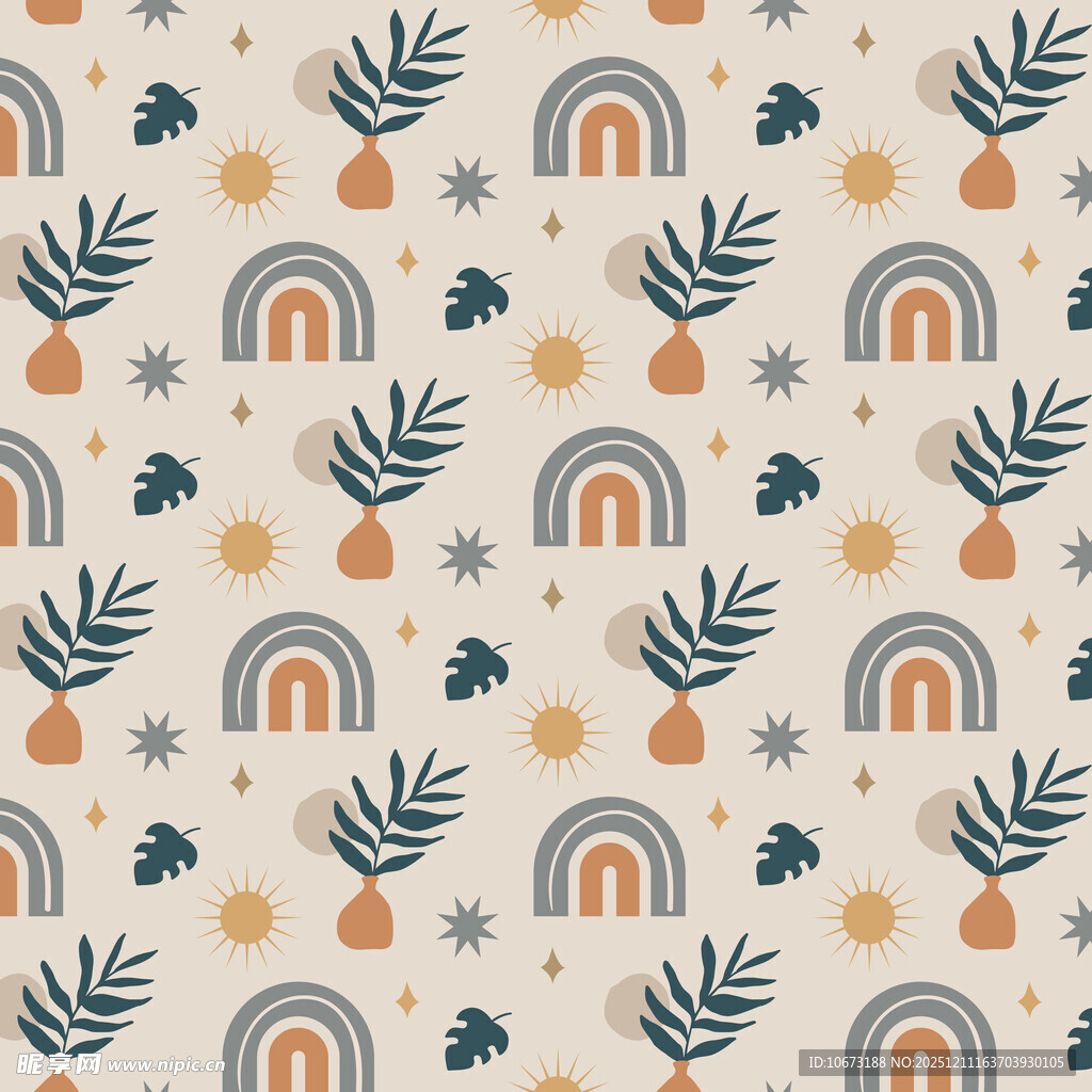 彩虹植物图案无缝背景图