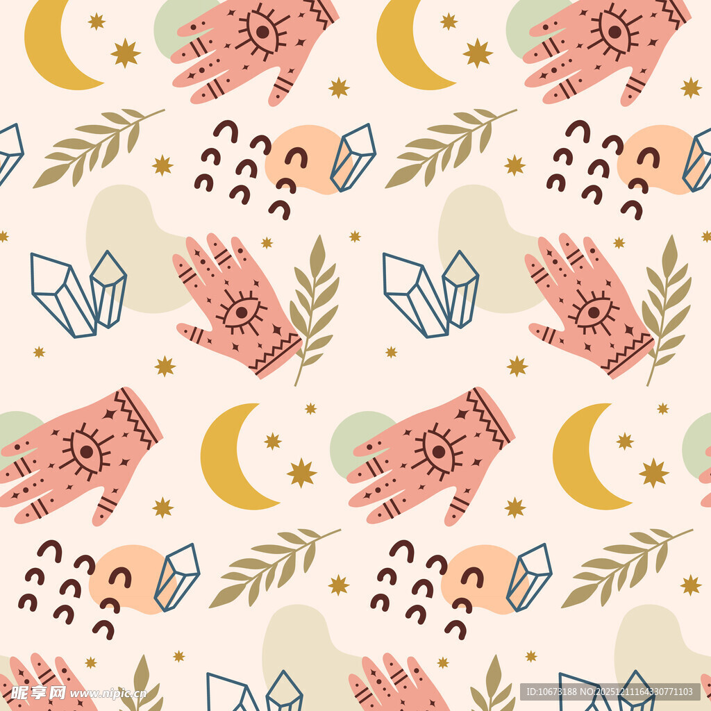 手绘风手与自然元素图案