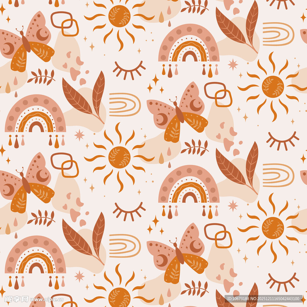 暖色调太阳蝴蝶无缝图案