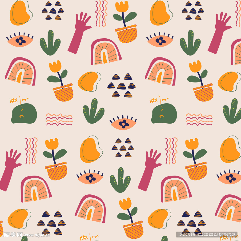 童趣手绘植物与手的图案