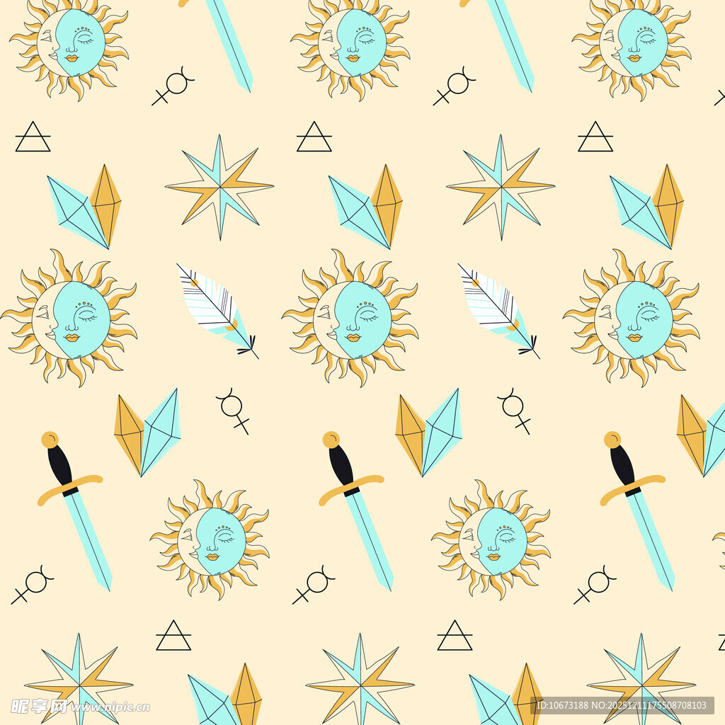 梦幻太阳飞鸟图案无缝背景