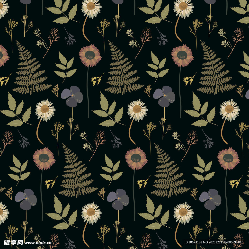 黑色底花卉植物图案纹理