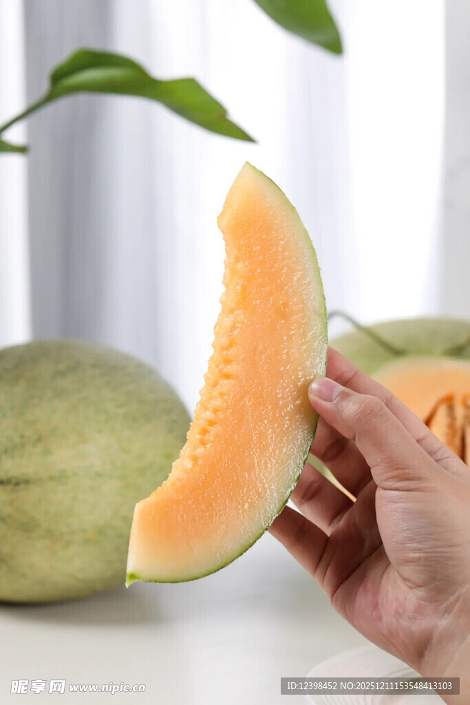 手捧切开的新鲜哈密瓜