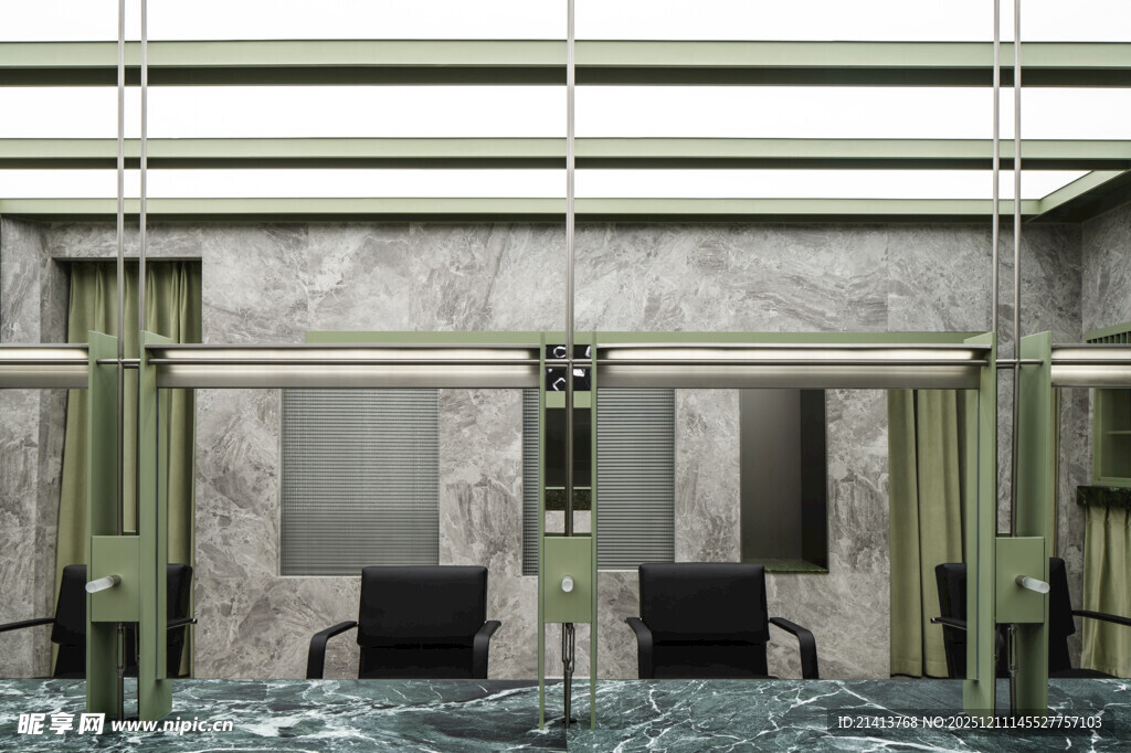 现代玻璃门与室内座椅场景