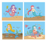 四幅美人鱼海底插画