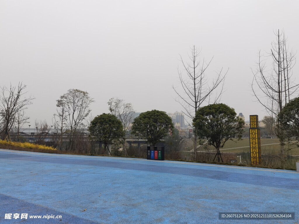 户外蓝色场地与树木景观