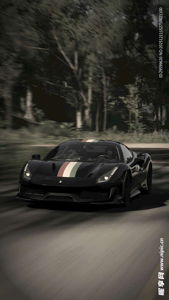 黑色跑车疾驰于林间