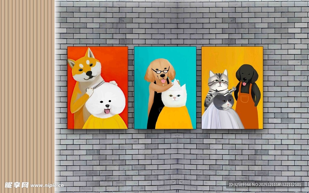 三幅卡通动物挂画展示