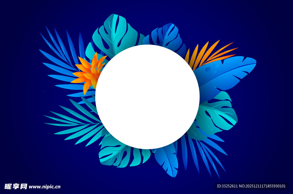 蓝底花卉环绕圆形空白框