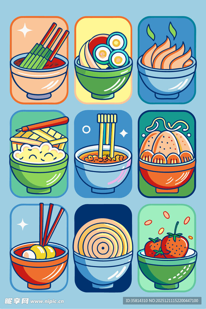 多样亚洲美食插画展示