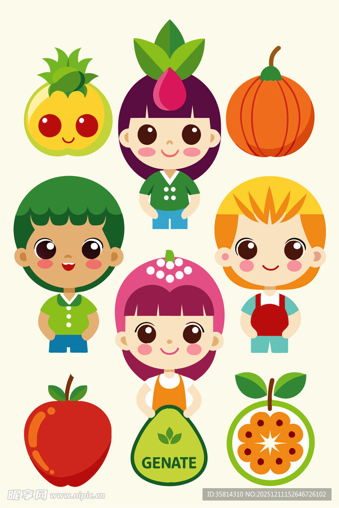 卡通儿童与缤纷水果形象