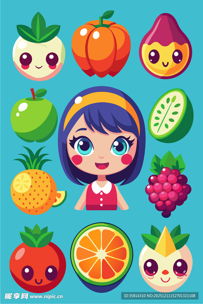女孩与多彩水果的欢乐画面