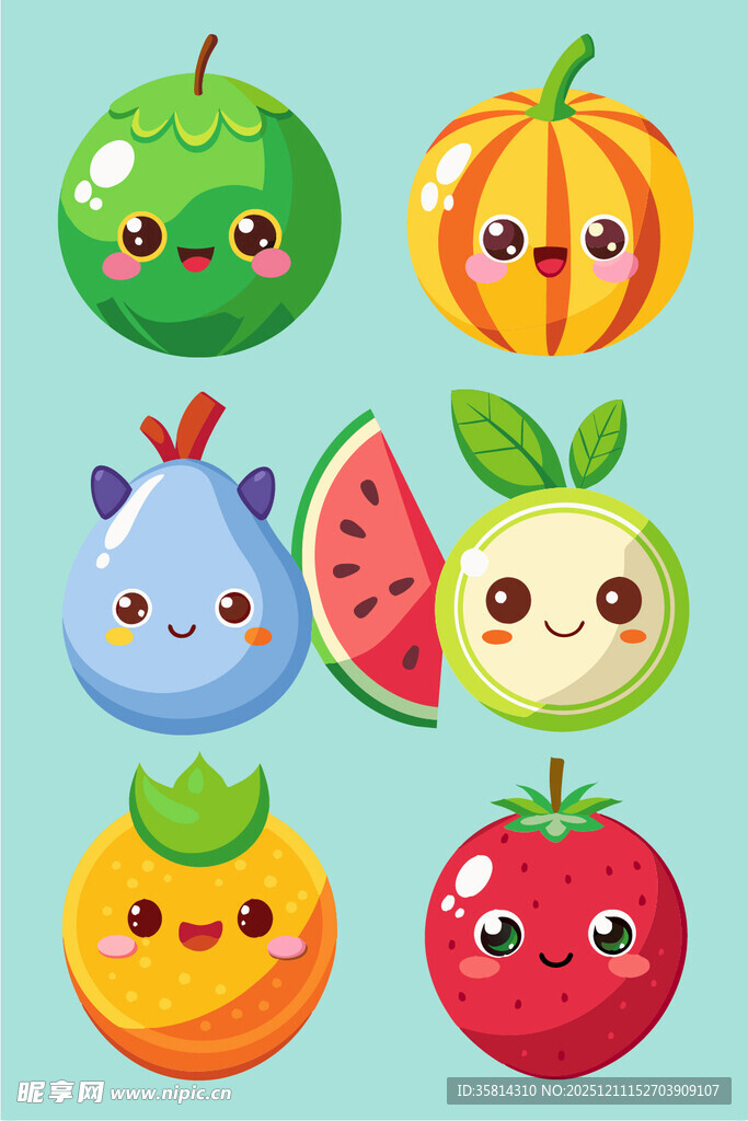 可爱表情的卡通水果集合