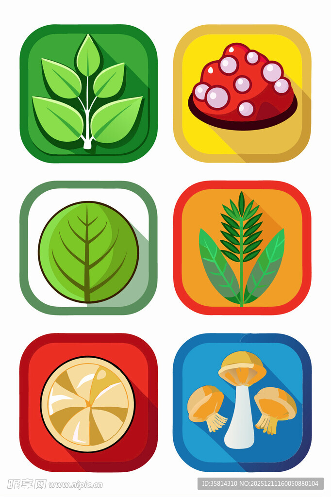 多彩植物与蘑菇图标集合