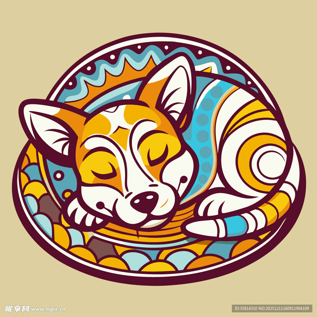 蜷卧的梦幻风卡通小狐狸