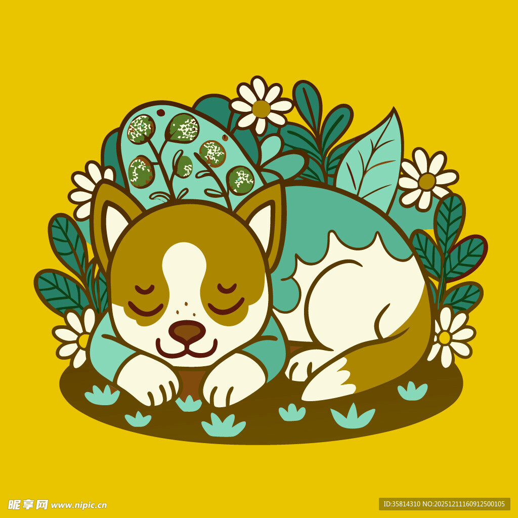 熟睡的萌宠狗狗与花草