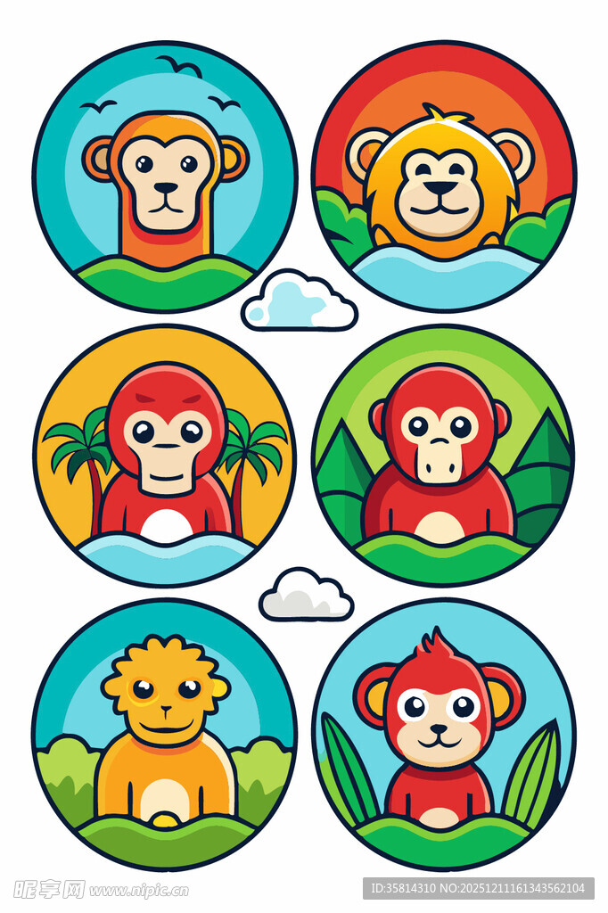 可爱动物圆形插画图案